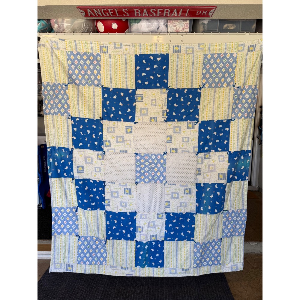 Vintage Handmade Patchwork Quilt Blue Yellow Goose Floral Cottagecore Tied 70x82